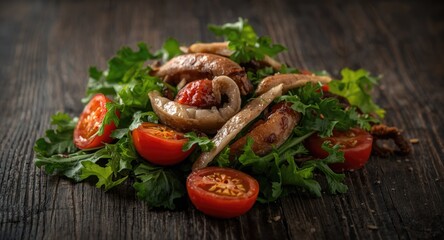 Rustic and vibrant traditional salad with herring, tomatoes and fresh mixed greens on dark textured surface