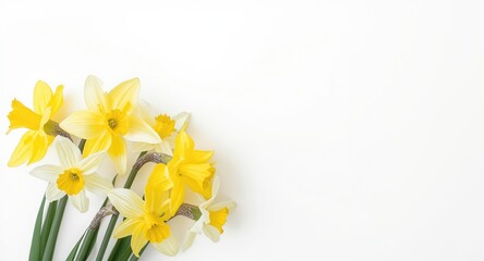 Spring inspired floral corner of artificial daffodils in white and yellow on plain white backdrop with copy space
