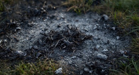 Obraz premium Remnants of burnt grass and grey ash scattered on yard floor