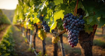 Fototapeta premium Colorful grapes ripening under natural light in a well maintained vineyard