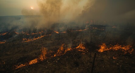 Remote top view documenting wildfire consuming dry and charred fields