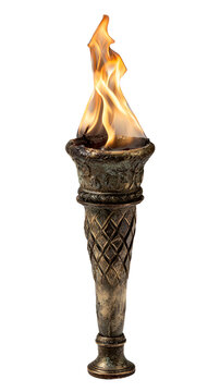 Ancient torch with intricate carvings and a bright flame atop a pedestal isolated on transparent background