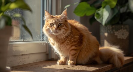 Obraz premium A lively red tabby cat enjoying warm sun and fresh air on a home windowsill with open window