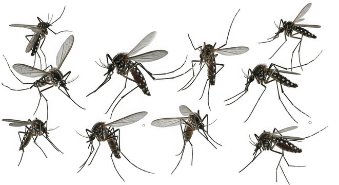 Illustrated depiction of various mosquito species in a detailed black-and-white drawing isolated on transparent background