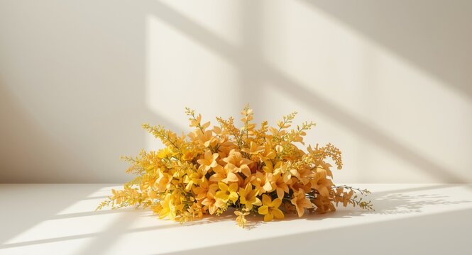 Lush summer Java cassia flower arrangement on pale light backdrop
