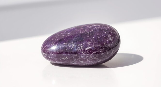 Lepidolite healing stone with intense purple hues and polished texture on plain white surface