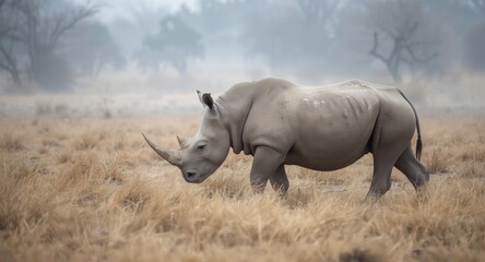 Fototapeta premium White rhino slowly wandering through winter dry grass terrain