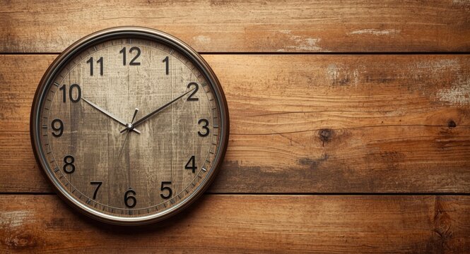 Wall mounted clock with moving hands on rustic plank wood background