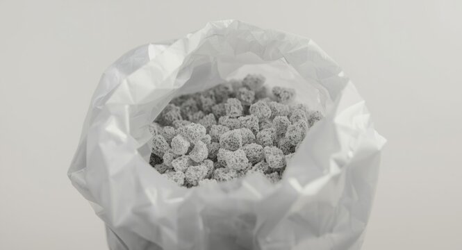 White plastic package containing manganese II arsenide granules for lab chemical analysis