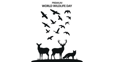 Obraz premium Black silhouette illustration of various wild animals including deer, birds, and a tiger on World Wildlife Day with a tree in the background.