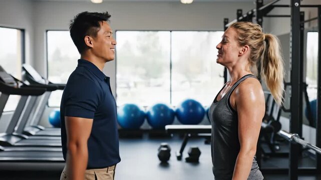 Two dedicated trainers engage in a joyous high-five in a bright gym filled with modern equipment.