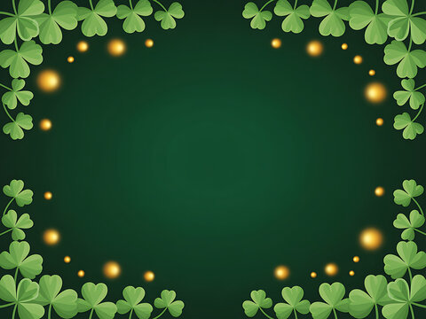Elegant St. Patrick's Day border frame made of green shamrocks and glowing golden orbs on a dark green background.