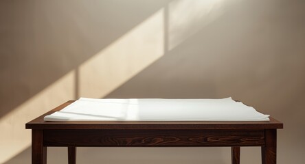 Fototapeta premium Rectangular white sheet resting on wood table illuminated by a projector under glass roof