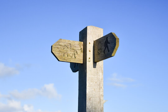 Waymarker, signpost directing both walkers and horse riders as to which way they should travel  on public bridleways and footpaths in the UK 