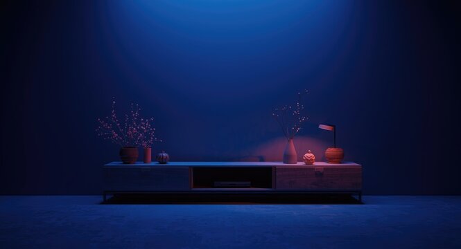 Refined TV furniture and subtle decoration set against a midnight blue wall background