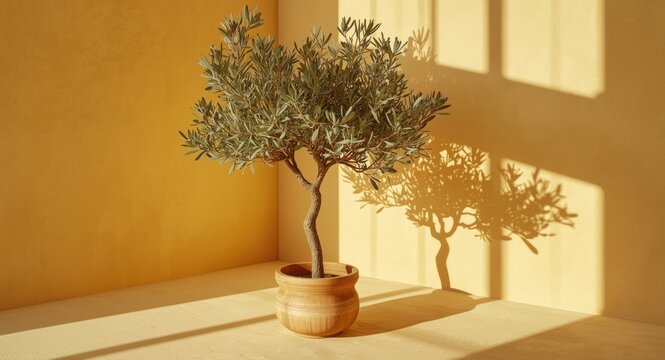 Summer interior with olive tree centerpiece casting distinct shadows on smooth beige Mediterranean style walls