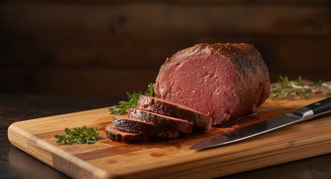 Perfectly carved eye of round beef roast displayed on a smooth cutting board