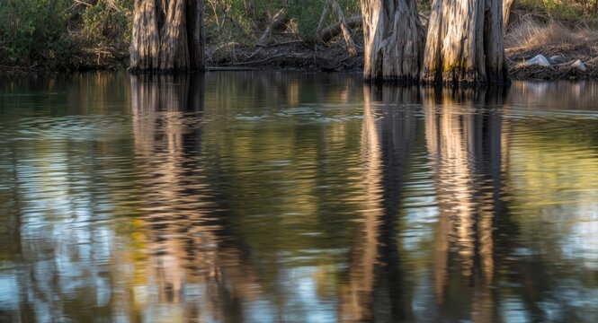 Soft water scene showing gum trees reflected in tranquil flow