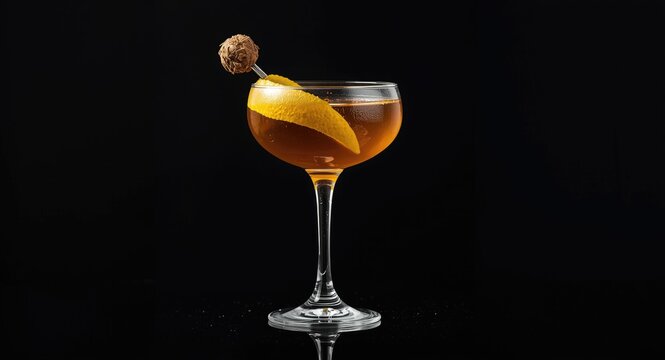 Silver bullet cocktail composed of gin coffee chocolate liqueur and lemon displayed horizontally on black backdrop with copy space