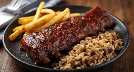 Spiced pork ribs with French fries and wild rice blend