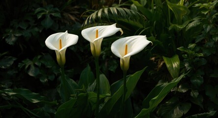 White calla lilies as standout exotic tropical flowers in garden