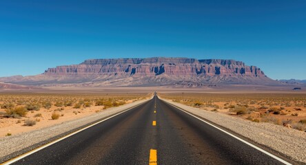 Straight empty highway crossing desert plains toward distant elevated mountains