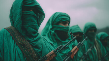 Dramatic portrayal of armed insurgents, Generative AI