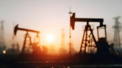 An atmospheric and moody scene of industrial oil pumpjacks silhouetted against the soft hazy glow of a foggy sunrise over a vast oil field