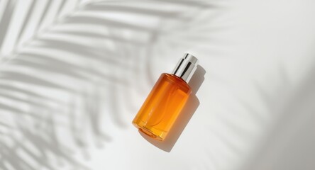 Skincare product in orange bottle on white backdrop with palm shadow for beauty routine