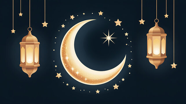 Golden Islamic crescent moon surrounded by stars and glowing lanterns, on a dark night sky, perfect for Ramadan and Eid.