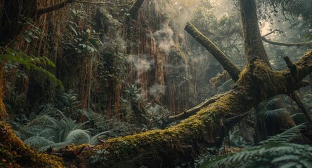 Fototapeta premium vertical plant wall with large fallen trees and cloud forest mist setting