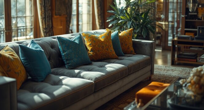 Elegant living room featuring grey upholstery and a mix of bright cushions