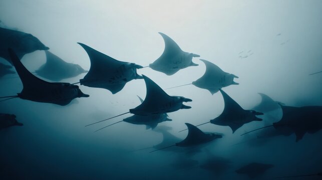 School of stingrays swimming underwater ocean.