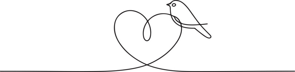 Obraz premium One continuous line drawing of heart with bird. Symbol of Valentine day and romantic moment. one line Art icon drawing vector