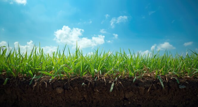 Side cut of terrain showing soil bed covered by green grass against a bright blue sky