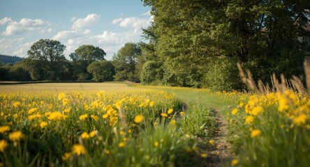 Soft rural panorama showing a winding way through aromatic dandelion blossoms and towering leafy trees