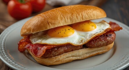 Morning roll with smoked bacon, sausages, and a perfectly fried egg