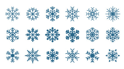 Collection of Blue Snowflakes on White Background.