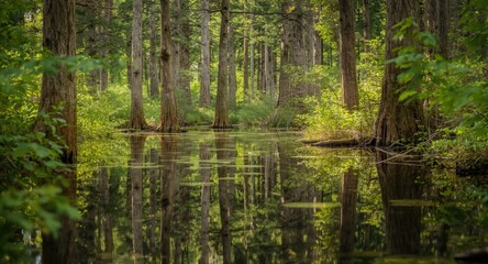 Quiet swamp surrounded by tall forest trees and bright green plants with a mirrored water surface