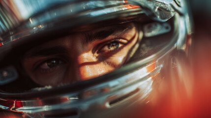 Intense eyes of a racer with high-speed track reflections on the glass, generative ai