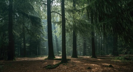 Fototapeta premium Quiet mystery surrounding a lush fir tree grove
