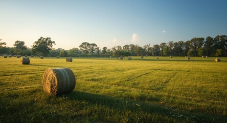 Field scene with abundant hay bales blending with green grass and trees