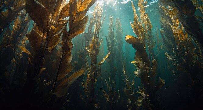 Submarine perspective of kelp forest with vertical Ecklonia maxima stalks and Laminaria pallida leaves fluttering in surge