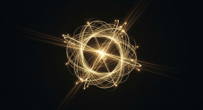 Abstract glowing orb of light trails on black background