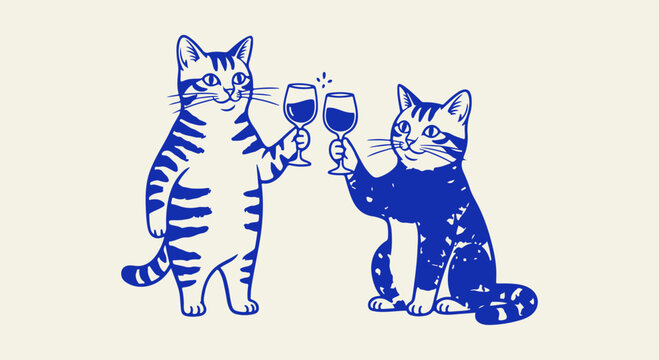 Whimsical pair of adorable cats toasting with wine glasses, celebrating friendship and joy in a charming illustrative design