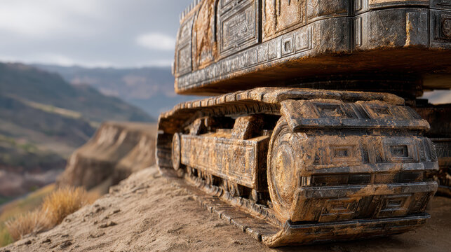 Detailed close up of dirty excavator tracks covered in mud showing rugged industrial power and heavy construction work on rough terrain