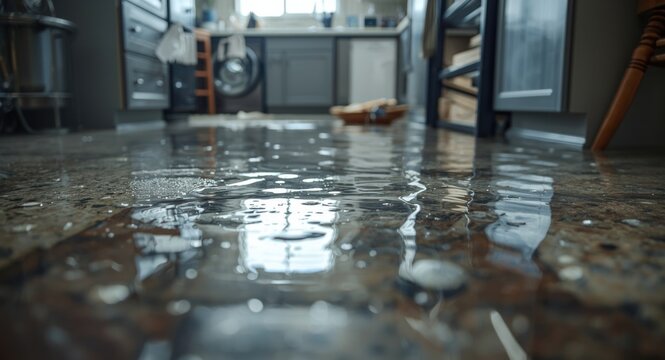 Detailed view of a flooded kitchen floor with standing water