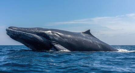 Fototapeta premium Blue fin whale showing full length as it emerges from sea