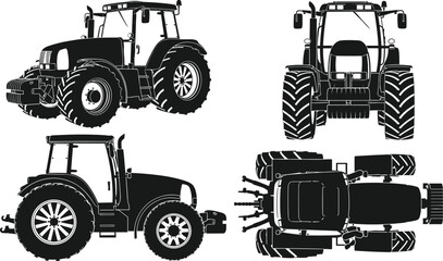 Black Vector Silhouette of Modern Agricultural Tractor Set with Front Side Back and Top View Perspectives Isolated on White Background for Farm Machinery Design © MdHasanAli