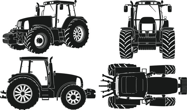 Black Vector Silhouette of Modern Agricultural Tractor Set with Front Side Back and Top View Perspectives Isolated on White Background for Farm Machinery Design